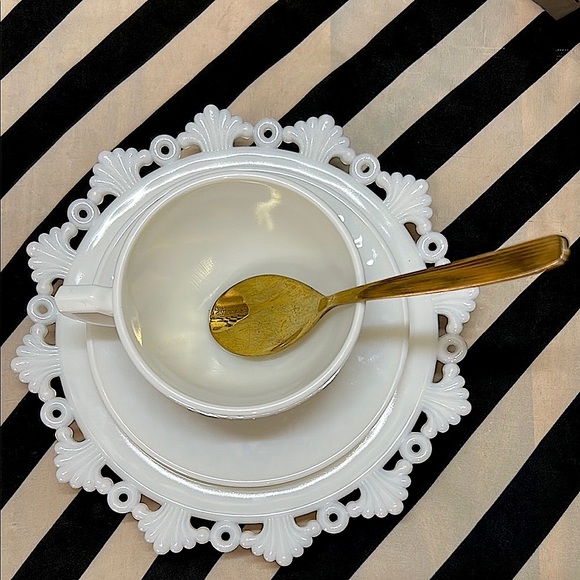 Milk Glass Cup, Saucer & Lace-Edged Bread Plate Trio – Romantic Textured Design - Picture 13 of 17